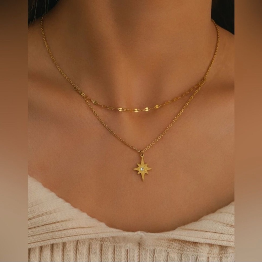 Gold Plated Stainless Steel Star Layered Necklace | Dainty Double Chain Necklace